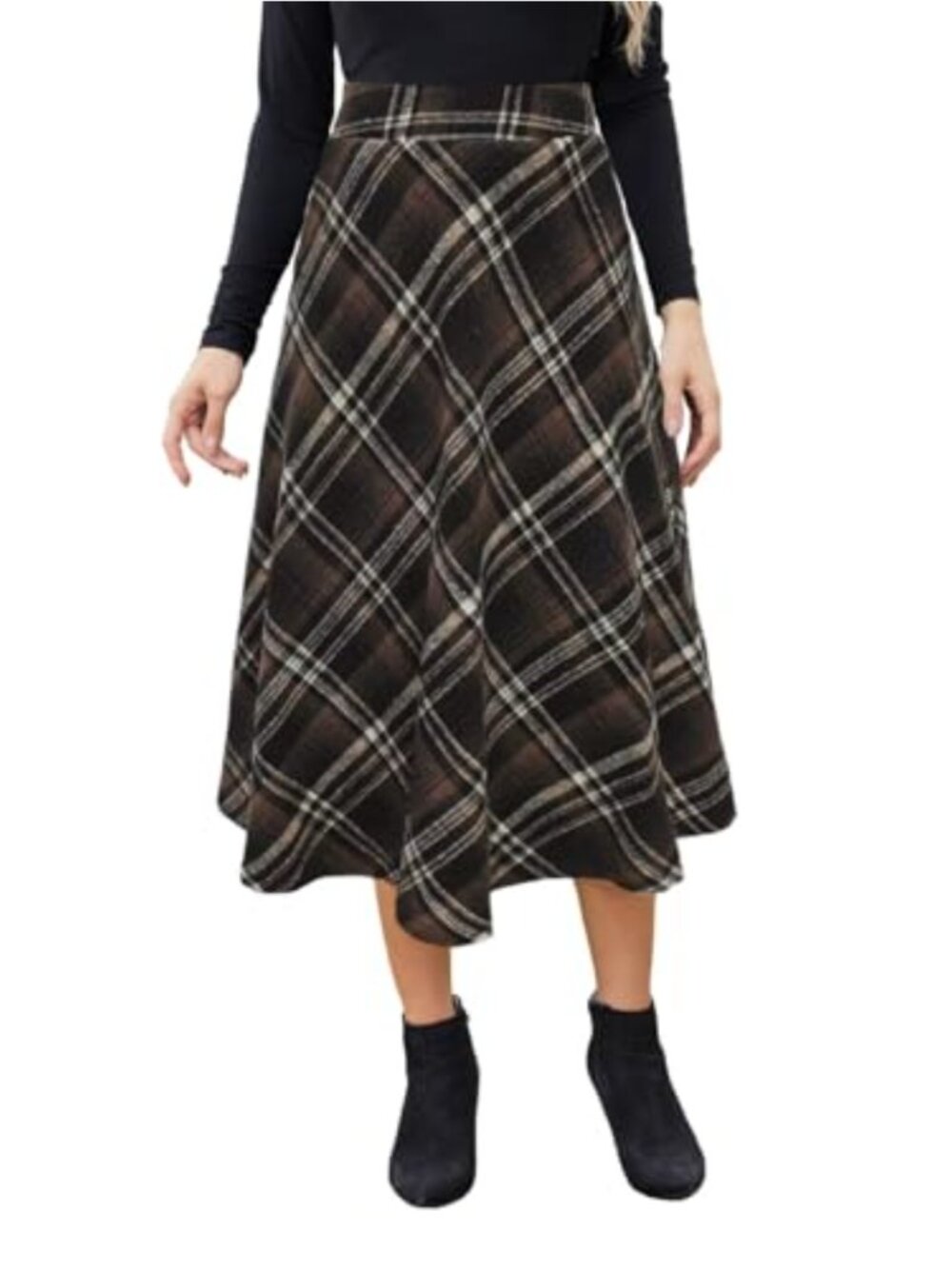 Women's Plaid Midi A-Line Skirt High Elastic Waist Vintage Flowy with Pockets